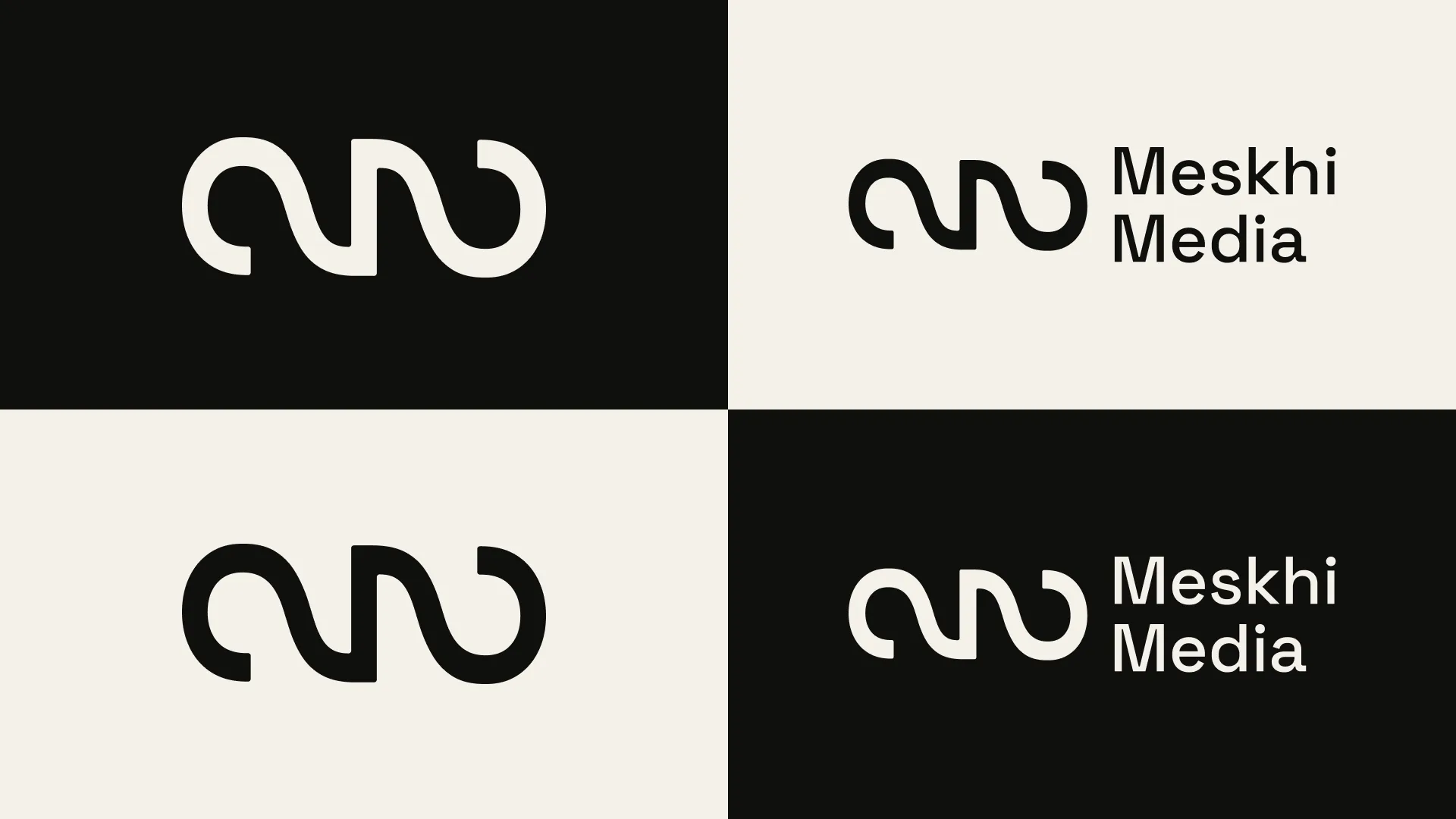 Meskhi Media – Logo-System: Wordmark- und Bildmarken-Lockups in vier Farb-Varianten
