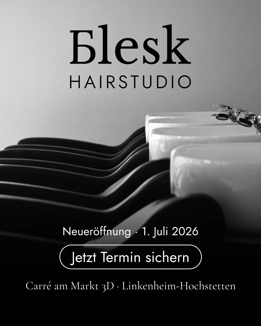 Blesk Hairstudio – Social-Ad im Feed-Format für die Neueröffnung am 1. Juli 2026