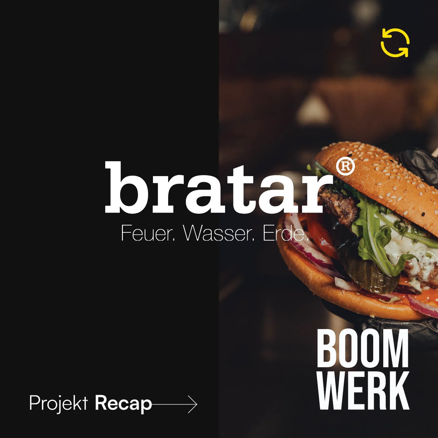Boomwerk × Bratar – Social-Ad zum Projekt-Recap des neuen Standorts mit Burger-Motiv