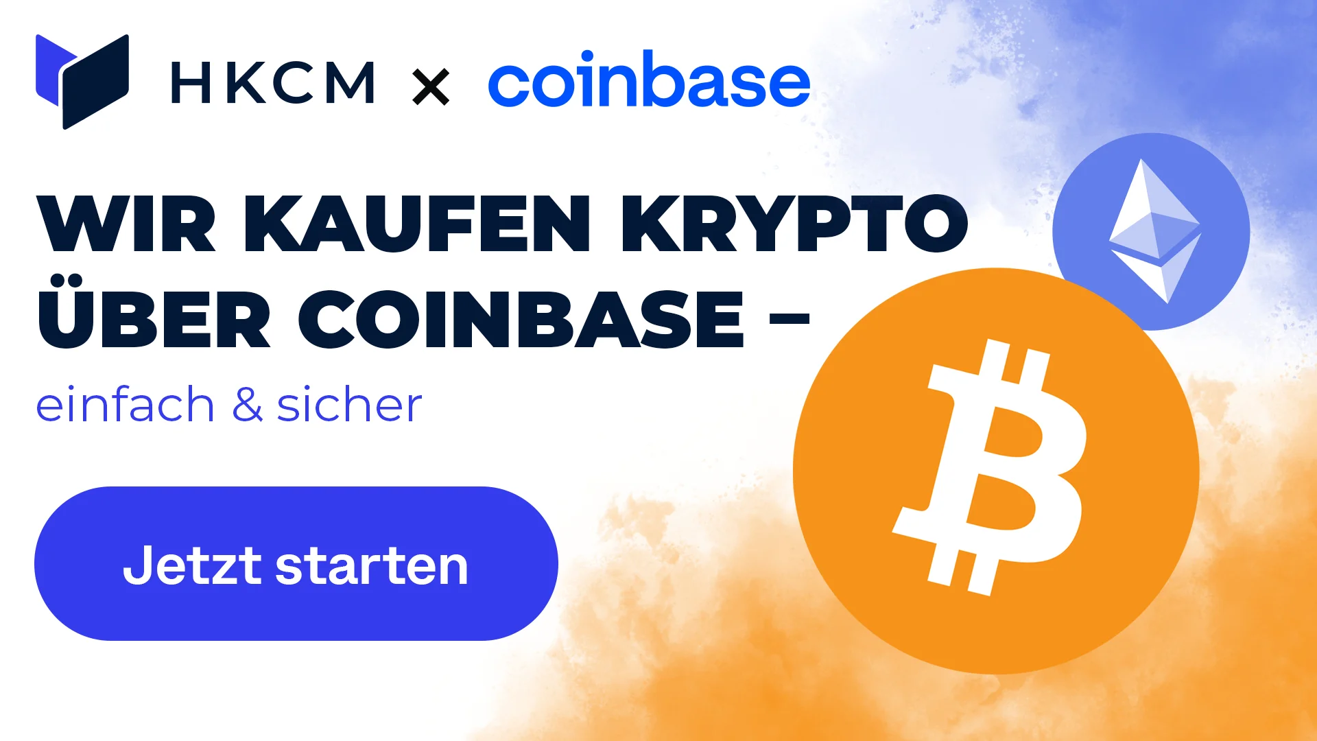 HKCM × Coinbase – Social-Ad: Wir kaufen Krypto über Coinbase mit Bitcoin- und Ethereum-Symbolen