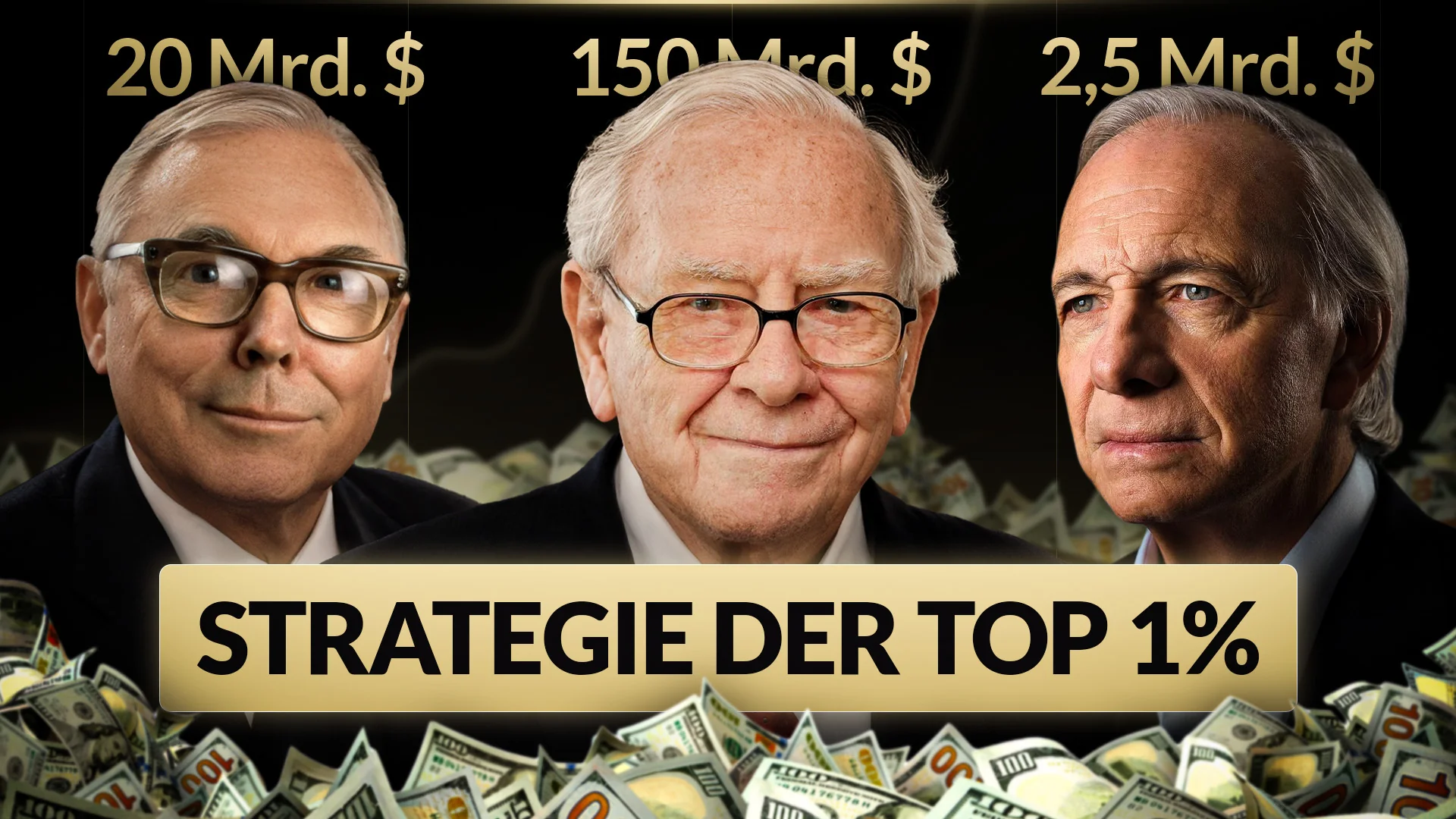 YouTube-Thumbnail: Drei Investoren-Porträts mit Geldscheinen, Titel Strategie der Top 1%