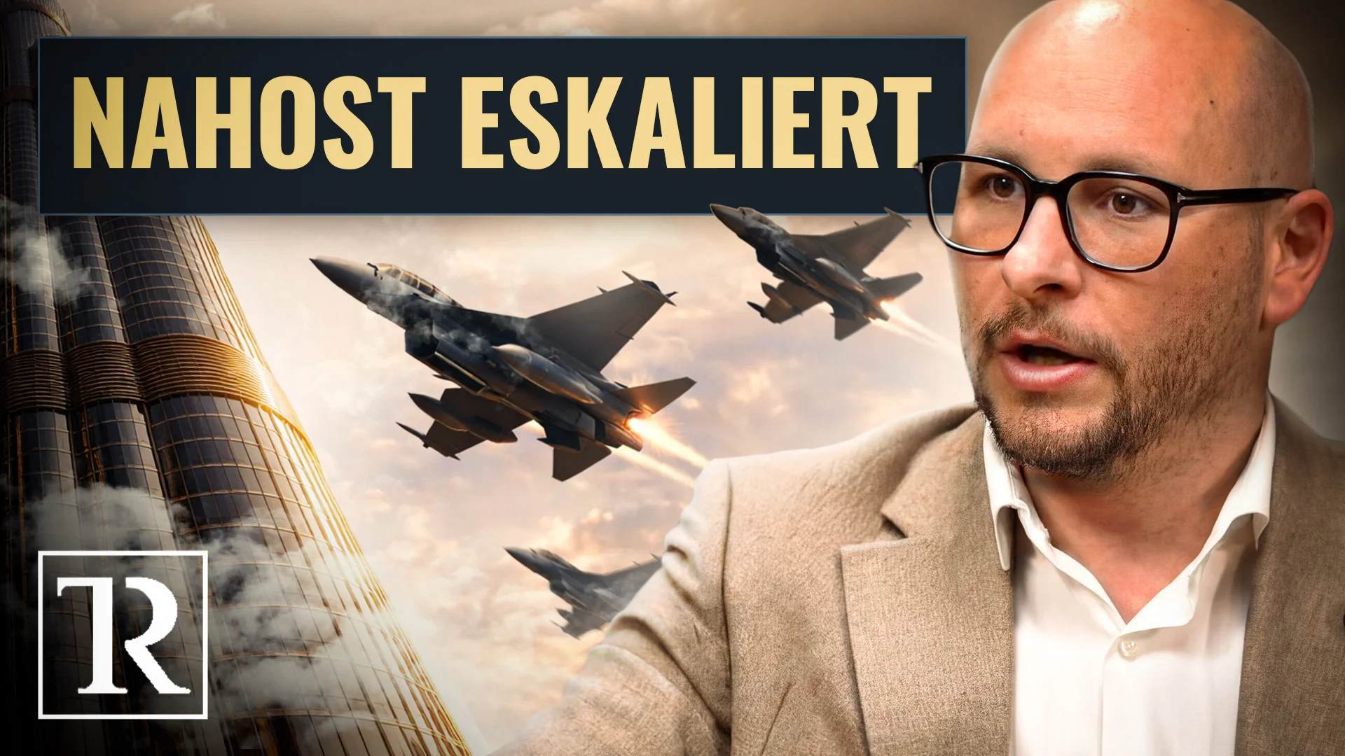 YouTube-Thumbnail: Mann mit Kampfjets, Titel Nahost eskaliert