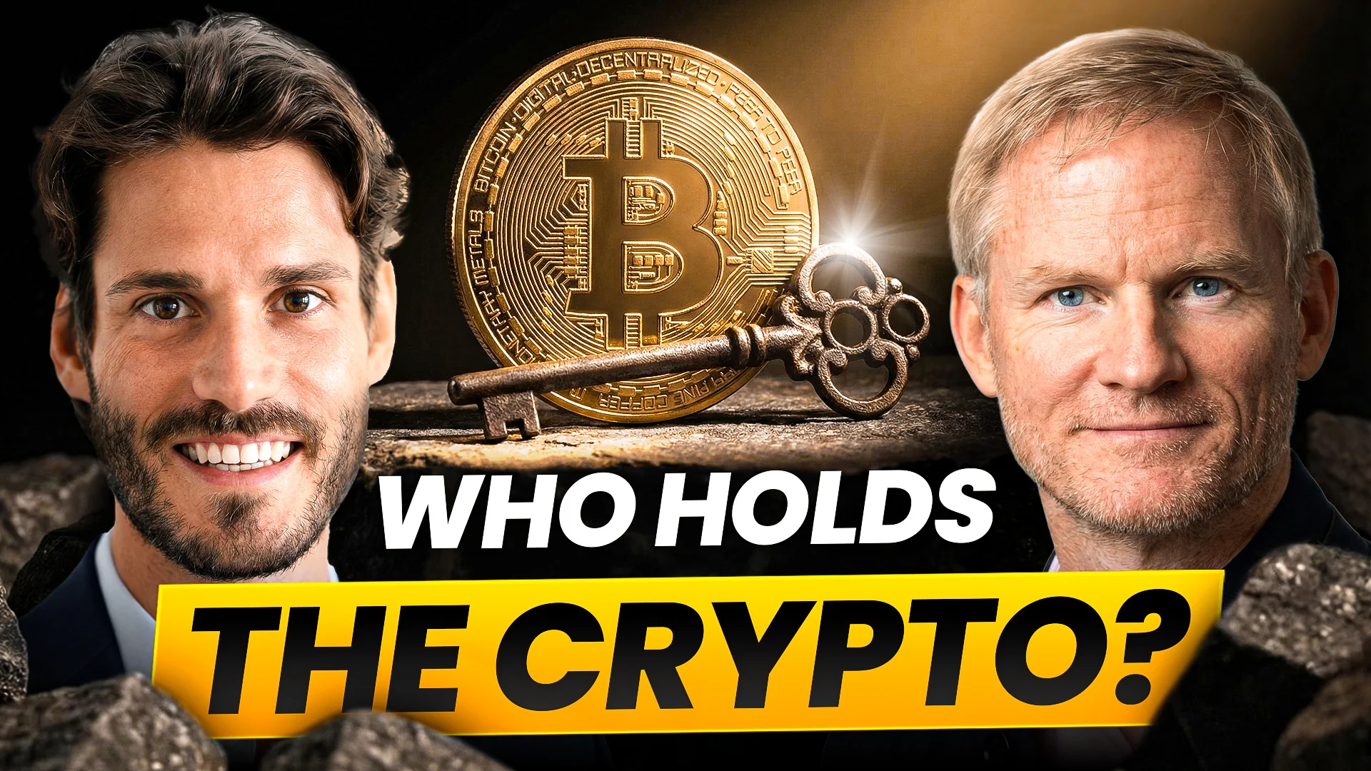 YouTube-Thumbnail: Zwei Porträts mit Bitcoin und Schlüssel, Titel Who Holds The Crypto?