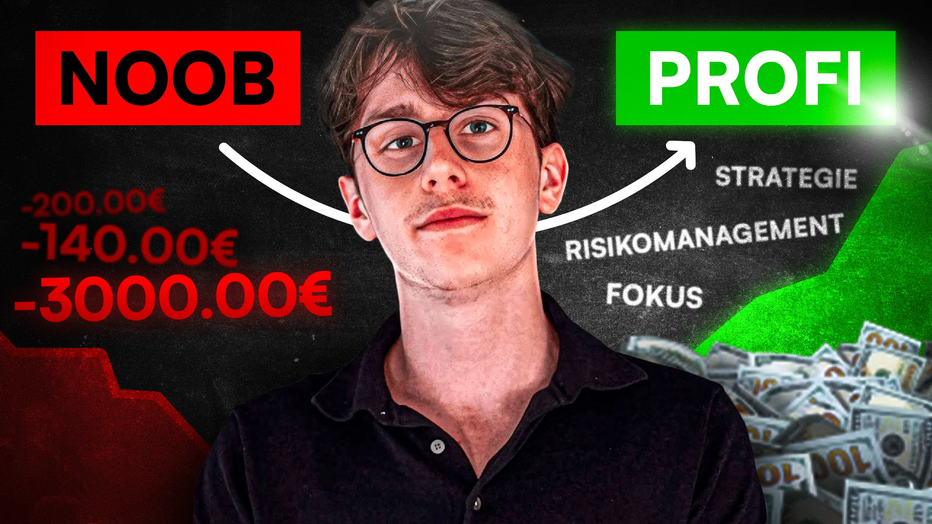 YouTube-Thumbnail: Trader-Porträt mit Vergleich Noob zu Profi