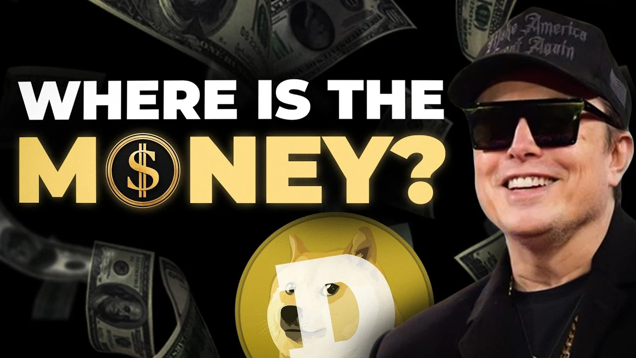 YouTube-Thumbnail: Elon Musk mit MAGA-Cap neben Dogecoin und fliegenden Dollarnoten, Titel Where Is The Money?