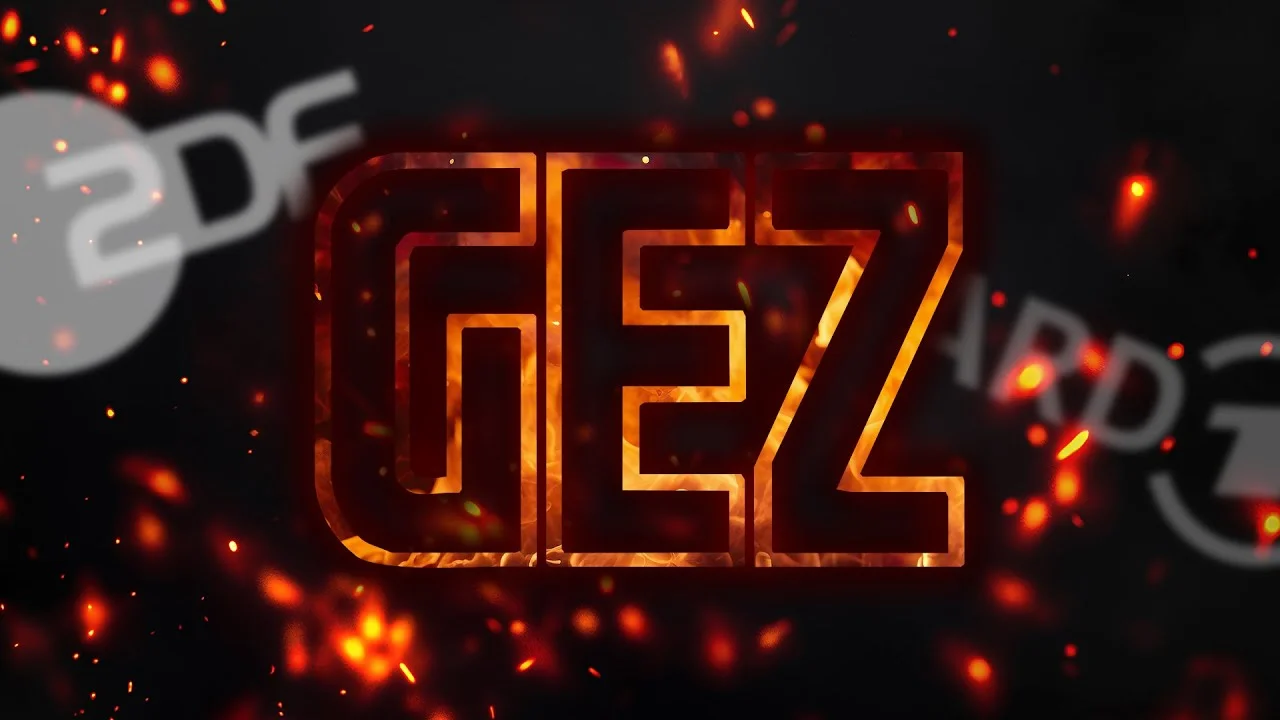 YouTube-Thumbnail: Schriftzug GEZ in Flammen mit ARD- und ZDF-Logos im Hintergrund