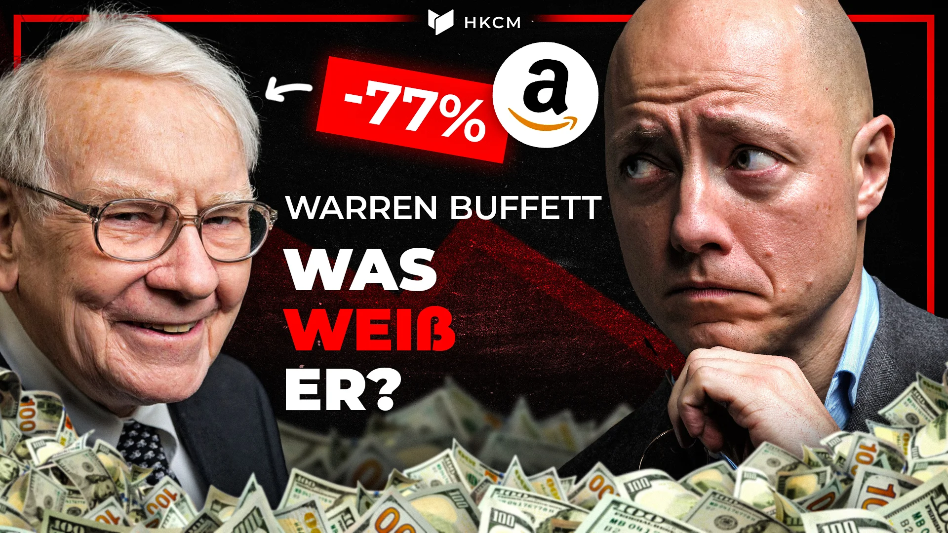 YouTube-Thumbnail: Warren Buffett und nachdenklicher Investor, Titel Was weiß er? mit -77% Amazon-Marker