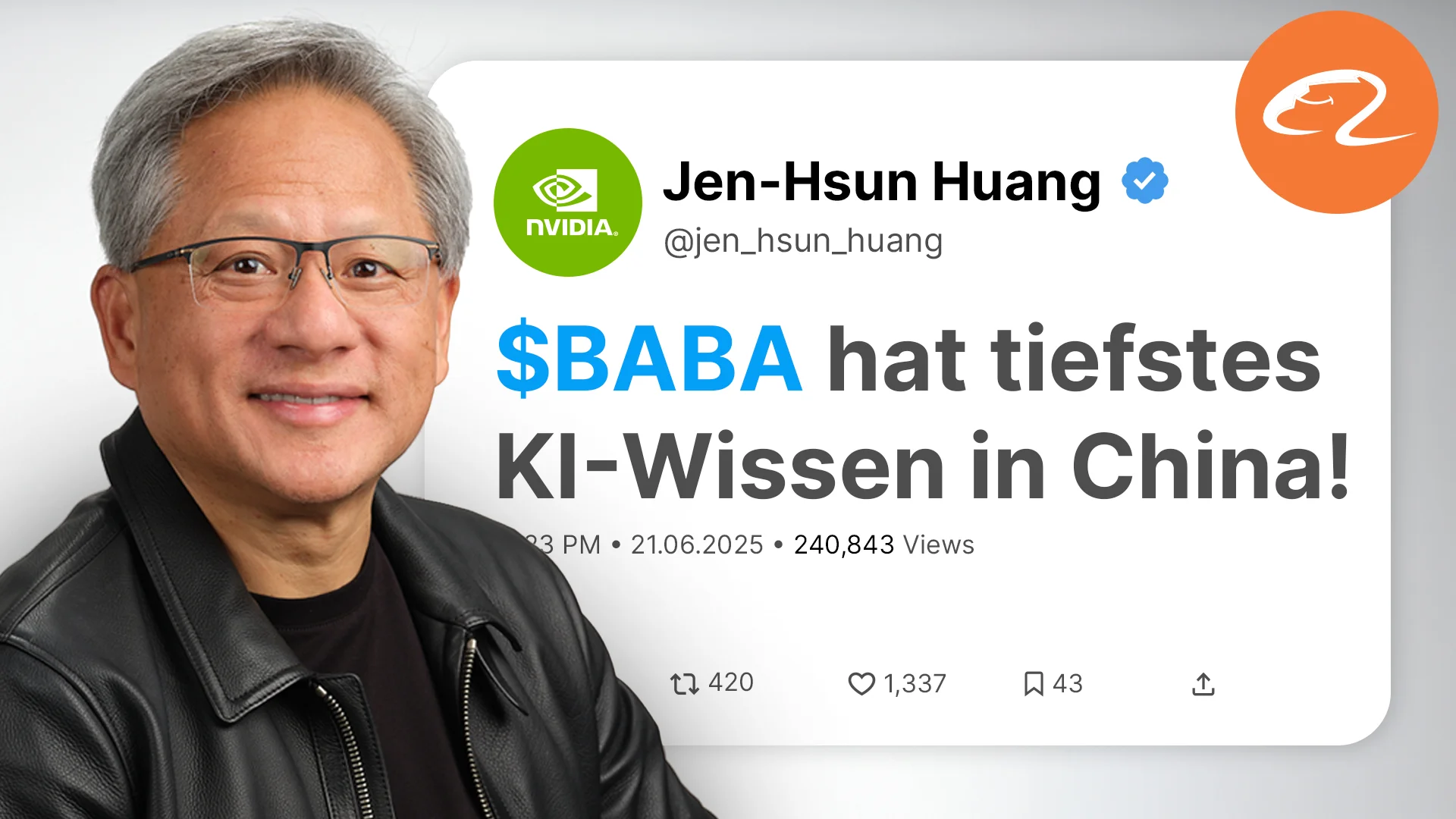 YouTube-Thumbnail: Nvidia-CEO Jen-Hsun Huang neben fingiertem Tweet zu Alibaba und KI-Wissen in China