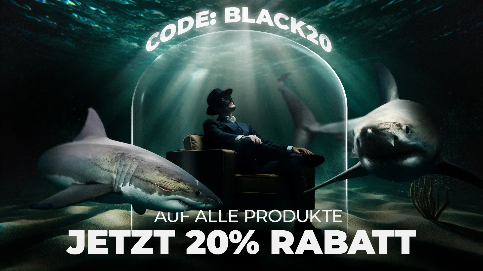 Werbebanner: Maskierter Mann im Sessel unter Wasser zwischen zwei Weißen Haien, Titel Black Friday 20% Rabatt