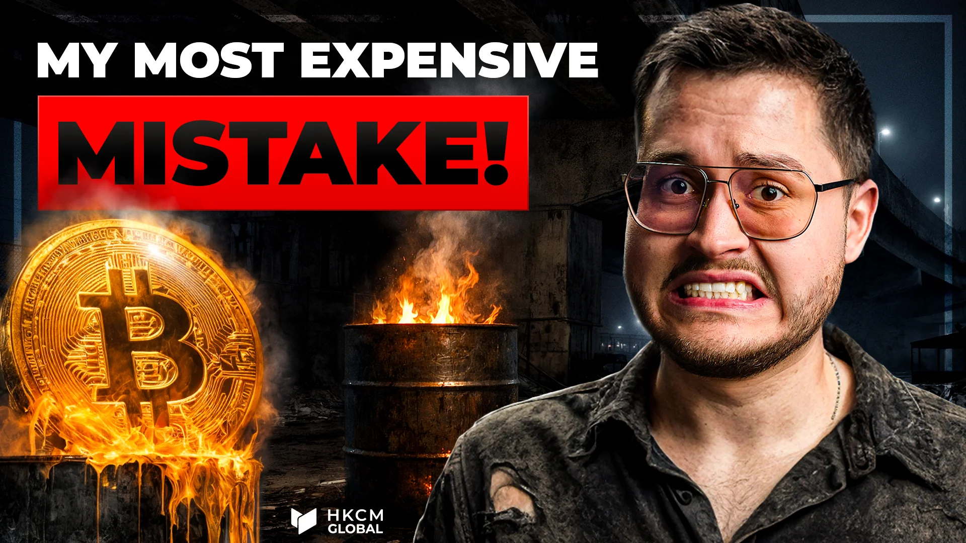 YouTube-Thumbnail: Brennender Bitcoin und schockierter Mann, Titel My Most Expensive Mistake