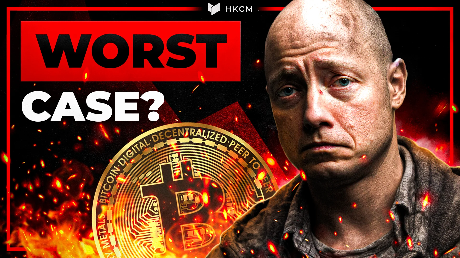 YouTube-Thumbnail: Bitcoin in Flammen und ernster Mann, Titel Worst Case?