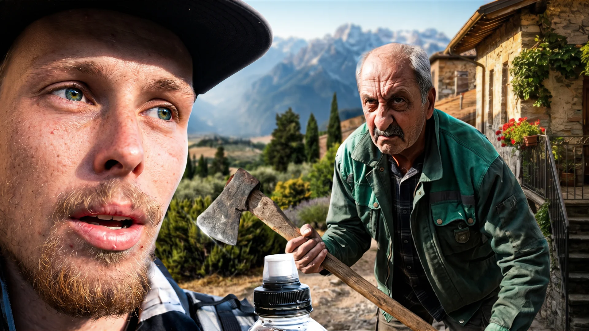 YouTube-Thumbnail: Junger Mann mit Cap und älterer Mann mit Axt vor Bergkulisse, Titel Straightline Battle EP 2